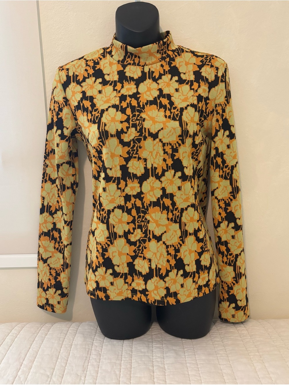 Zara Floral Mock Neck Long Sleeve Jacquard Top in Yellow, Orange and Black